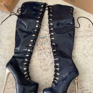 Stylish Navy Lace-Up High Heel Boots
